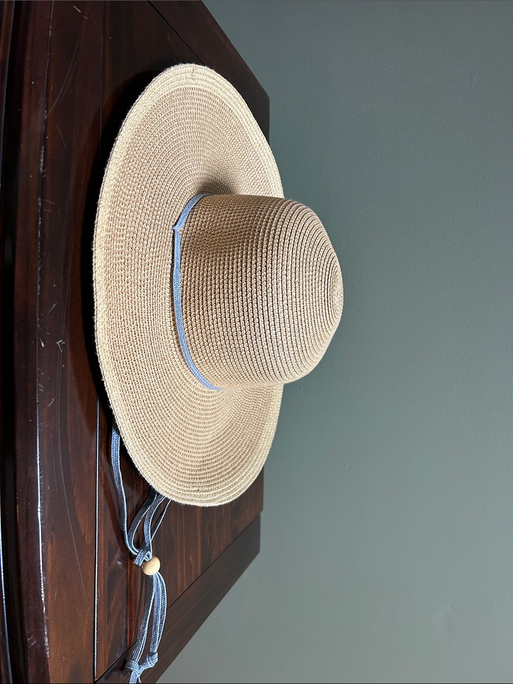 Wide Brim Straw Sun Hat with Blue Trim